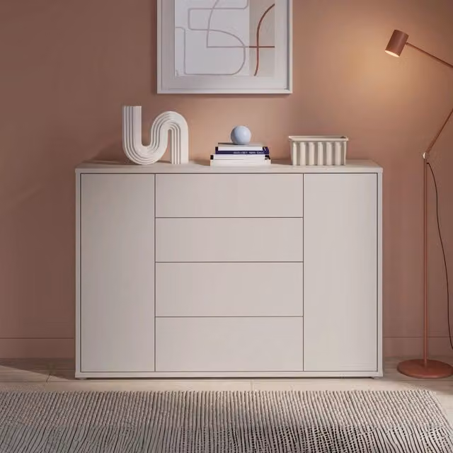 Madia Medea con 4 cassetti e 2 ante cashmere 144x35x99 – Stile e funzionalità