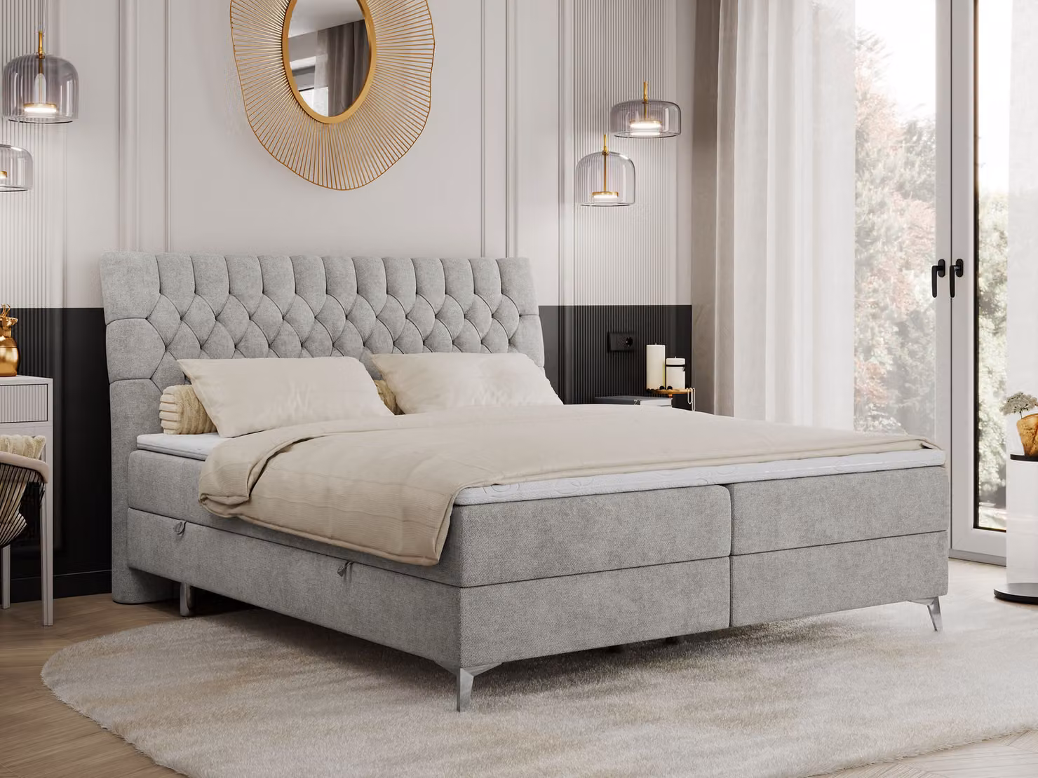 Letto boxspring 200x200 con 2 cassetti, materasso e topper, letto imbottito 200x200, letto 200x200 - MILEN - 200x200 cm - Grigio chiaro - Struttura - H3
