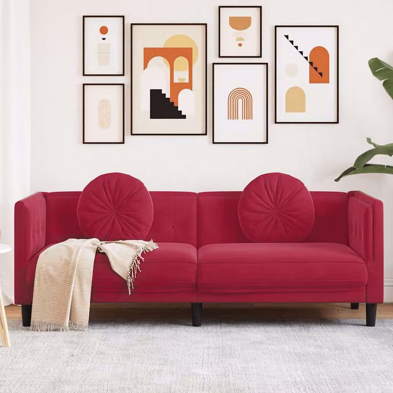 vidaXL Divano Moderno a 3 Posti in Velluto Rosso con Cuscini e Struttura in Legno L: 193.5 cm, P: 77 cm, H: 70 cm