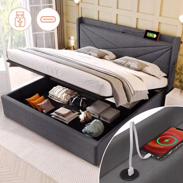 Letto matrimoniale 180x200 con schienale in tessuto - Xylo - USB-C, cassetto
