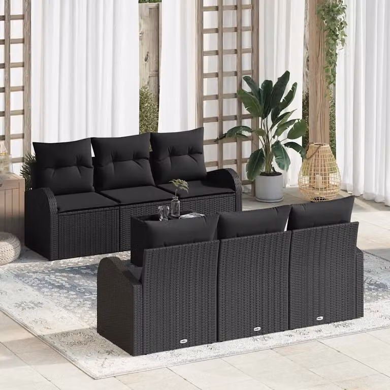 Set Divano da Giardino vidaXL 7 Pezzi Nero con Cuscini e Tavolino in Polyrattan e Acciaio