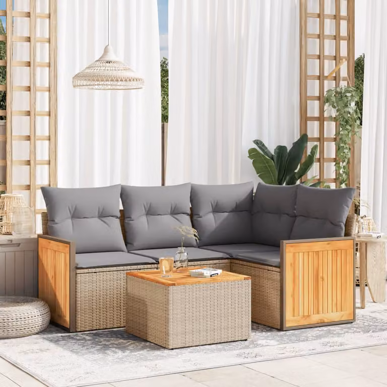 vidaXL Set Divano da Giardino a L 5 pz in Polyrattan con Cuscini Beige e Tavolino