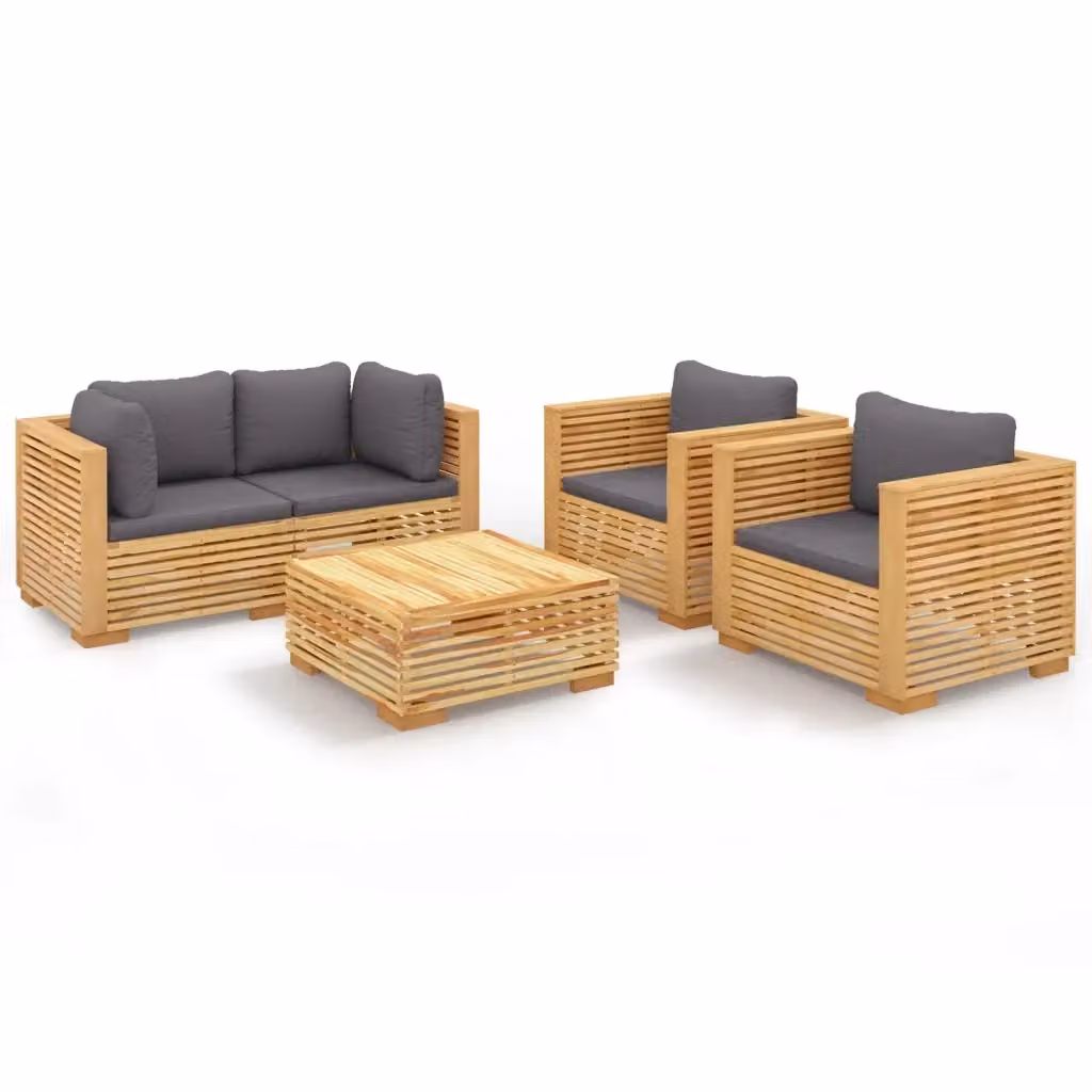 Set da giardino moderno vidaXL in legno massello di teak con 5 pezzi e cuscini grigi a forma di L – 2