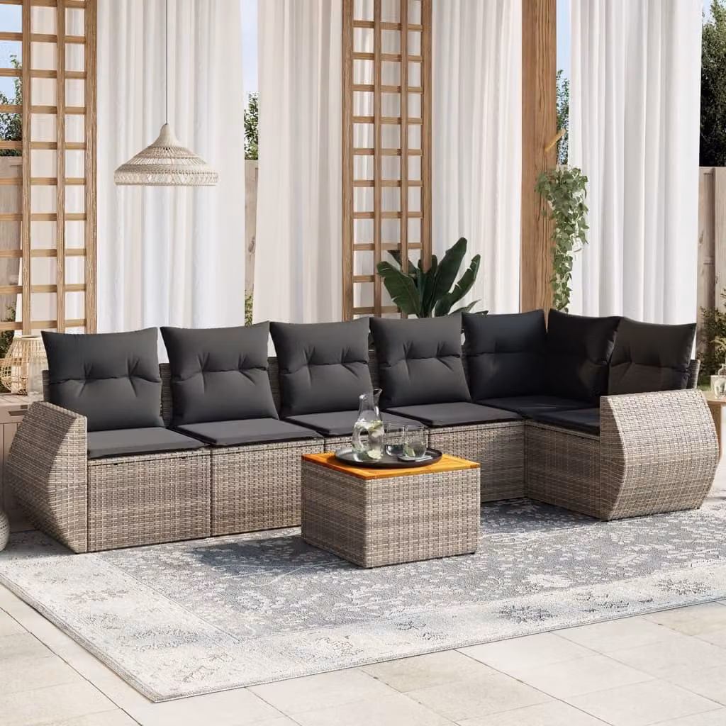 Set di divani da giardino vidaXL in polyrattan grigio con cuscini, tavolo da esterno e sedute a forma di L – 1
