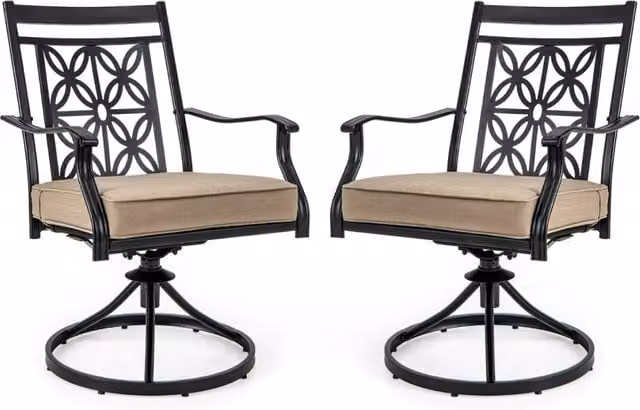Sedie girevoli per giardino con telaio in metallo cuscino schienale a motivo floreale, Set di 2 sedie da pranzo Marrone-Sedie da esterno