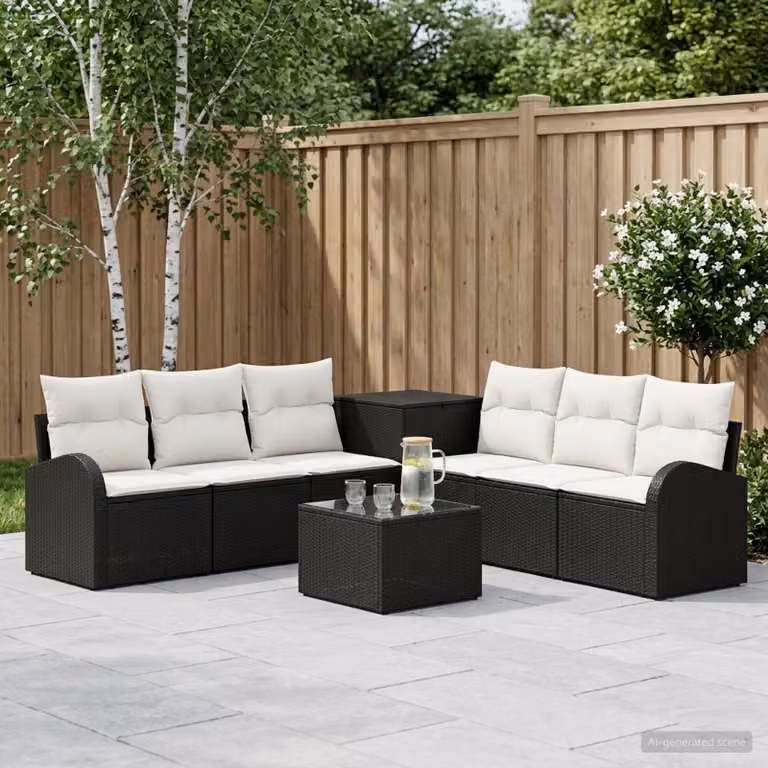 Set di divani da giardino vidaXL in polyrattan nero e bianco con tavolino da esterno e cuscini inclusi