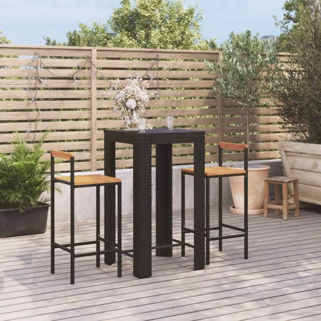 The Living Store Set bar da giardino da 3 pezzi in poly rattan nero e legno massiccio di acacia