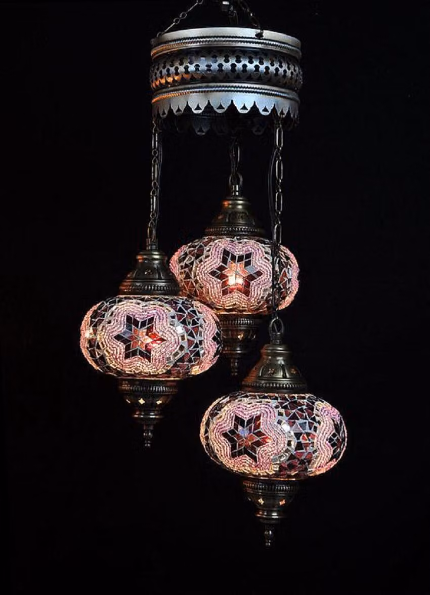 Lampada a sospensione turca - Lampada a mosaico - Lampada marocchina - Autentico lavoro artigianale - 3 sfere di vetro colorate - Altezza 80 cm