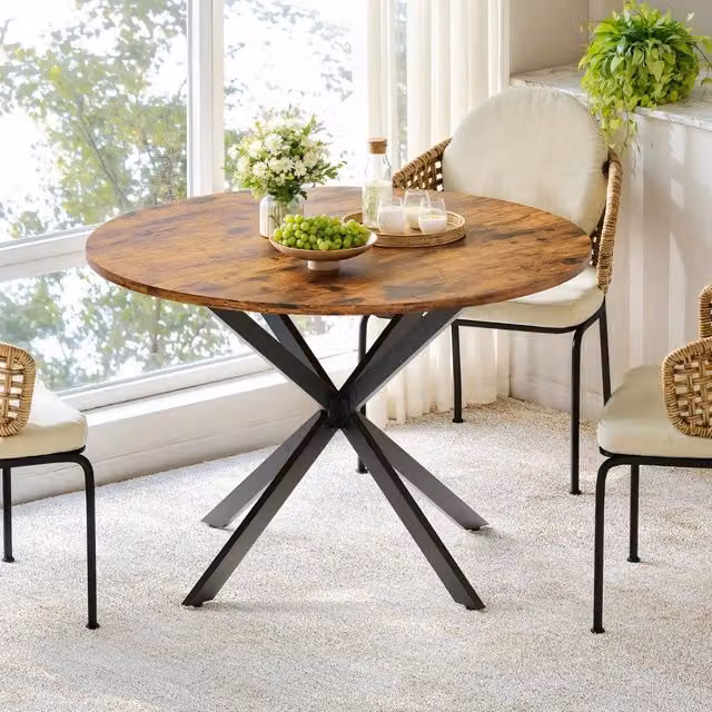 Tavolo da pranzo rotondo industriale MINIMAL con gambe a X in metallo, marrone e nero, Diametro: 120 cm, Altezza: 78 cm