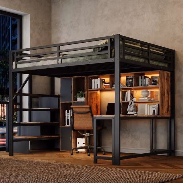Letto a soppalco 140 x 200 cm; struttura in metallo; scala-armadio; ripiano contenitore; striscia LED; metallo; nero
