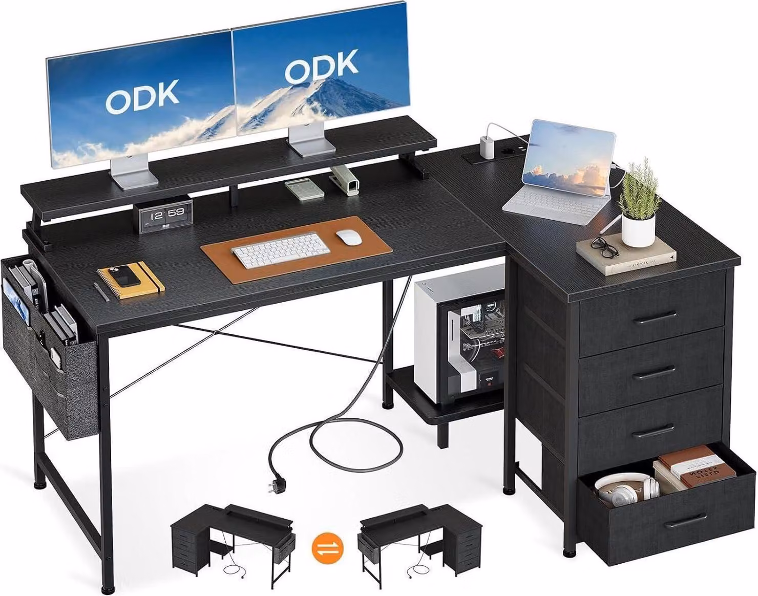 ODK Scrivania a L con presa e porta di ricarica USB, nero 140x80cm
