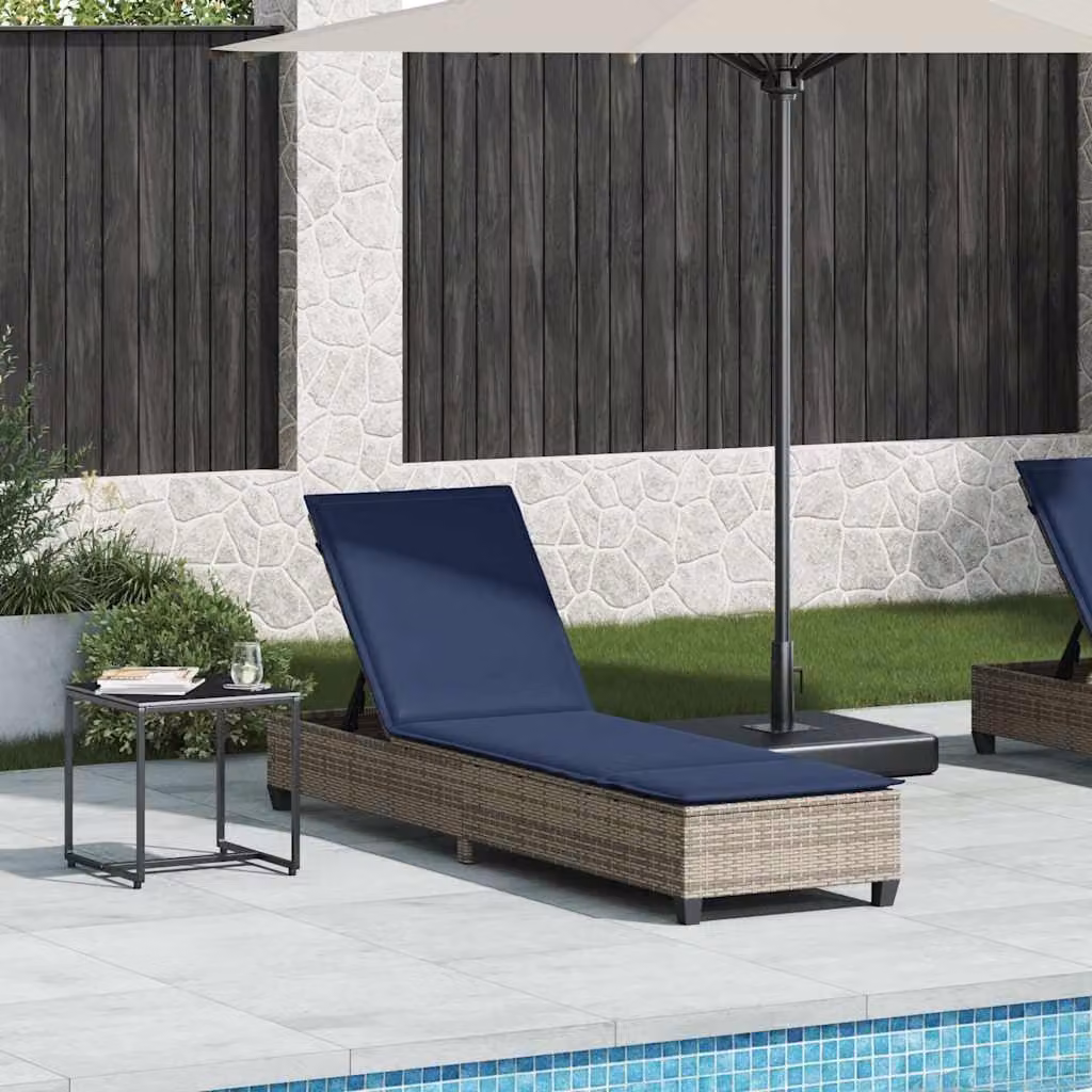 Lettino prendisole vidaXL in polyrattan con cuscini grigi e blu, L 200 x P 55 x H 25,5 cm