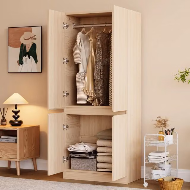 Armadio a doppia anta ¨C Minimal ¨C Colore legno, 70x40x170 cm, ripiani di stoccaggio ampi