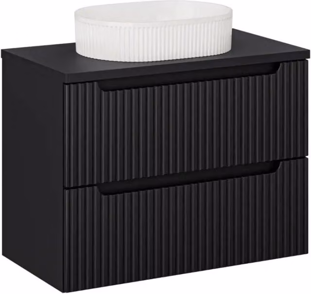 Insieme VANO 80cm: mobile sottolavabo con cassetti + piano per lavabo nero opaco + lavabo da appoggio bianco scanalato