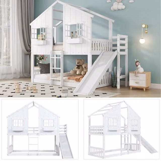 Letto a castello per bambini 90x200 cm con scivolo; tetto e finestre; scala a 3 gradini e protezione anticaduta
