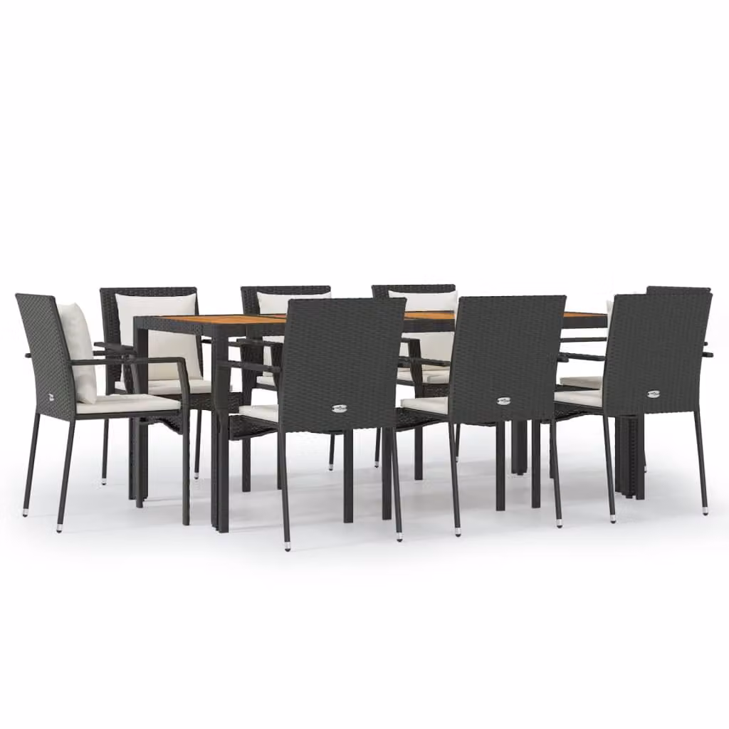 Set da Pranzo da Giardino 9 pz con Cuscini Nero in Polyrattan