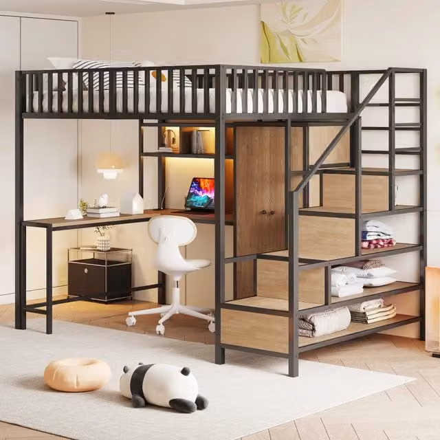 Letto a soppalco 140 × 200 cm con scrivania, armadio, LED e prese USB, senza materasso, nero in metallo