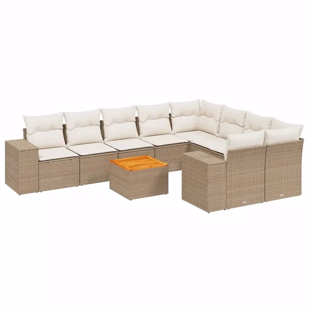 vidaXL Set Divano da Giardino 10 pz a forma di U in Polyrattan con Cuscini Beige e Tavolino da Esterno – 2