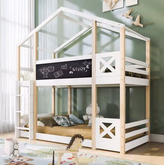 Hochbett per bambini a forma di casetta 90x200 cm con scala e lavagna; bianco in legno massello