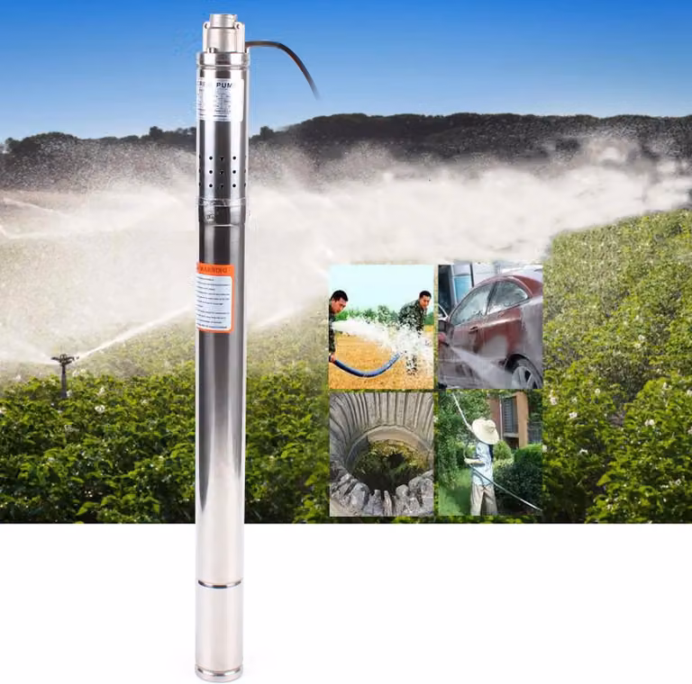 Pompa per pozzi profondi - Pompa sommersa - Spina 220V EU - 0,37 kW - 1000 l/h - Portata 50 m (max. 55 m) - Ø 5,2 cm - Acciaio inox 304 - Argento