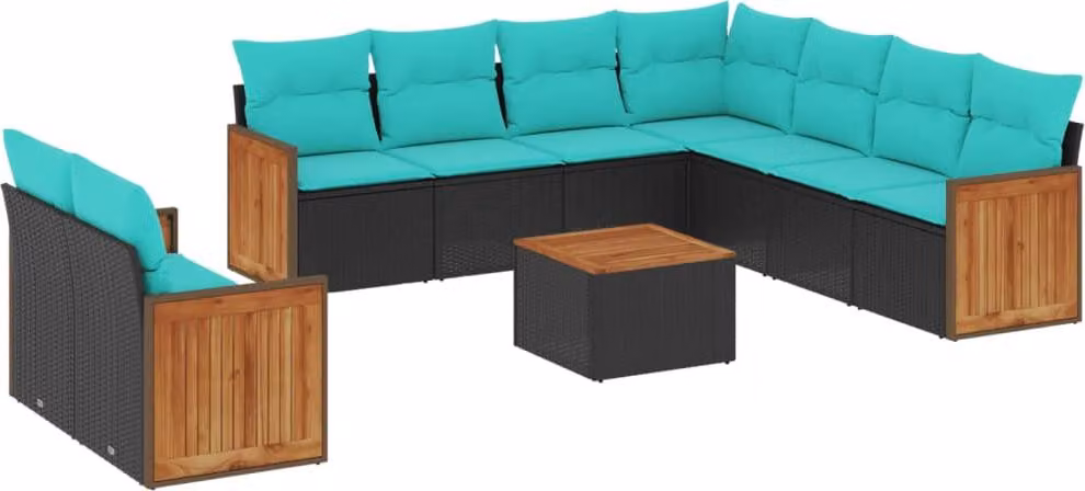 Set Divani da Giardino 10 pz con Cuscini Nero in Polyrattan