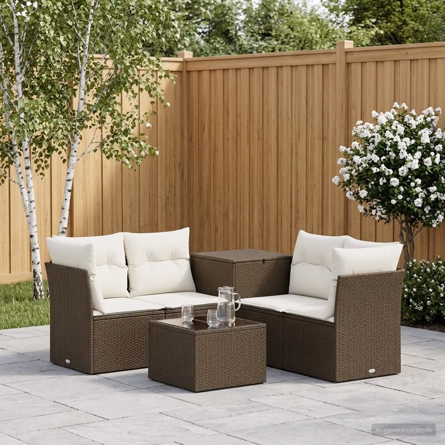 Set di divani da giardino vidaXL in polyrattan marrone e bianco crema con tavolo da esterno e pouf