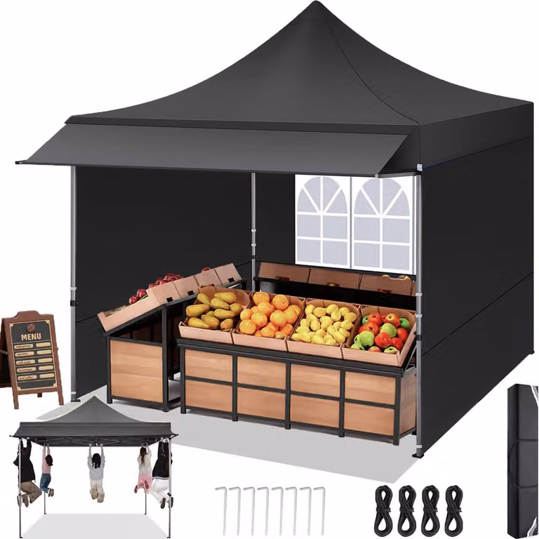 Gazebo da esterno 3x3 metri con tenda parasole estesa, 3 pareti laterali, impermeabile, resistente alle intemperie, colore nero