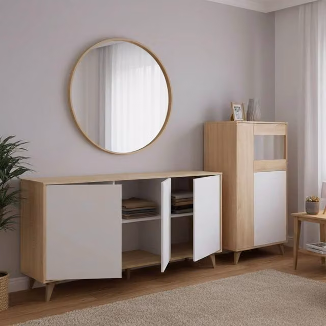 Leverano, set Mobili da Soggiorno Modulabile, Marrone Rovere