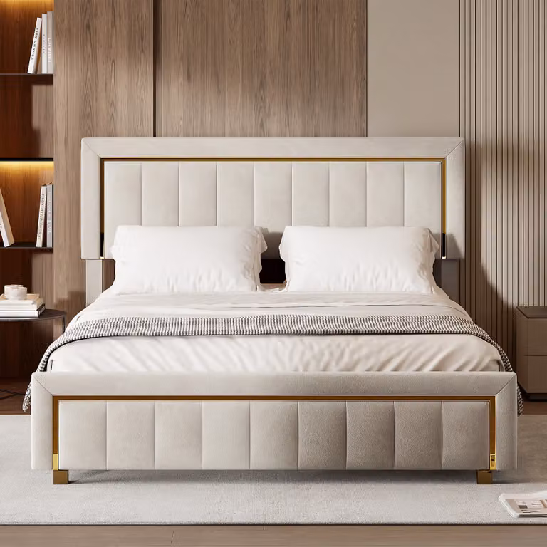 CDGlobal letto imbottito 160x200cm con rete a doghe, letto a molle idrauliche con contenitore, letto matrimoniale con rete contenitore letto funzionale, beige