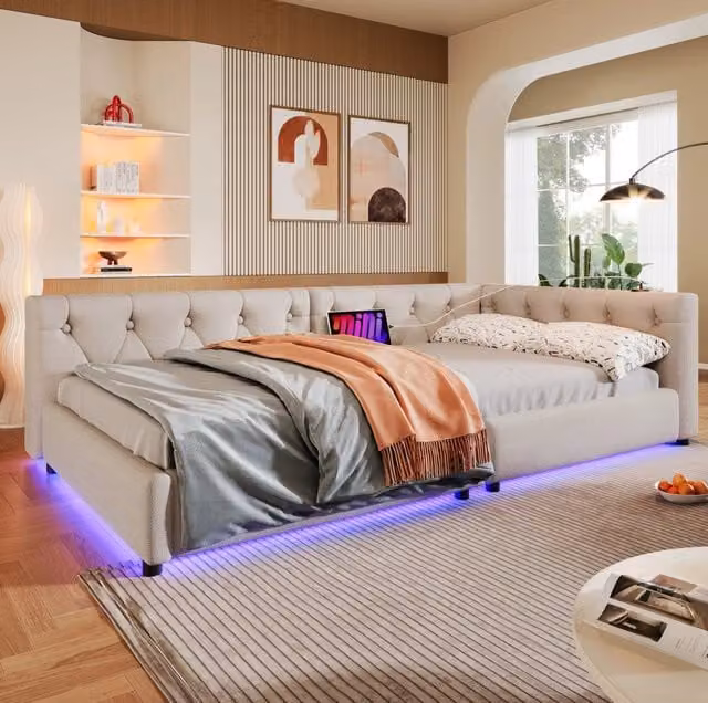 Letto daybed 90x200 cm con luci LED e USB Type-C in lino beige