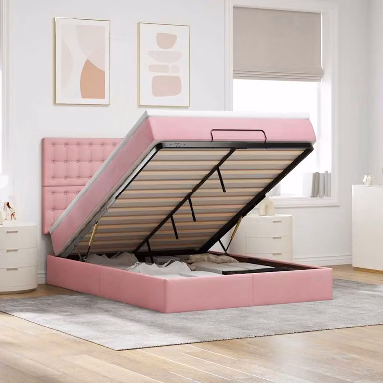 Letto con contenitore a sollevamento vidaXL in velluto rosa e bianco, L/P/H: 193 x 144 x 128 cm