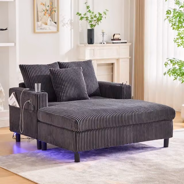 Poltrona Relax REDOM in velluto a coste grigio con struttura in legno massello, L: 142 cm, P: 128 cm, H: 85 cm