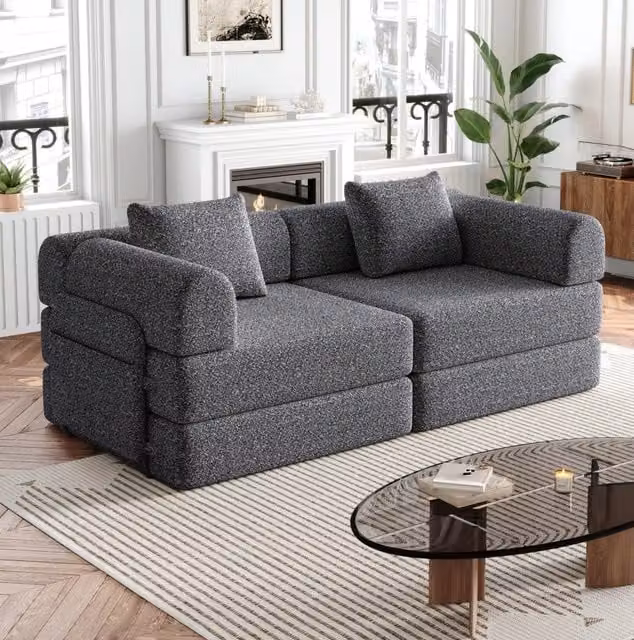 Divano letto singolo 2 in 1 in ciniglia grigio con vano nel bracciolo