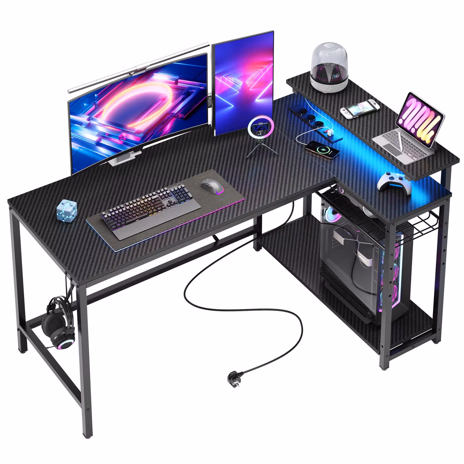 Scrivania angolare da gioco Bestier a forma di L da 132 cm - con LED, prese di corrente, 2 ripiani e ganci - Scrivania reversibile per piccolo ufficio, camera da letto