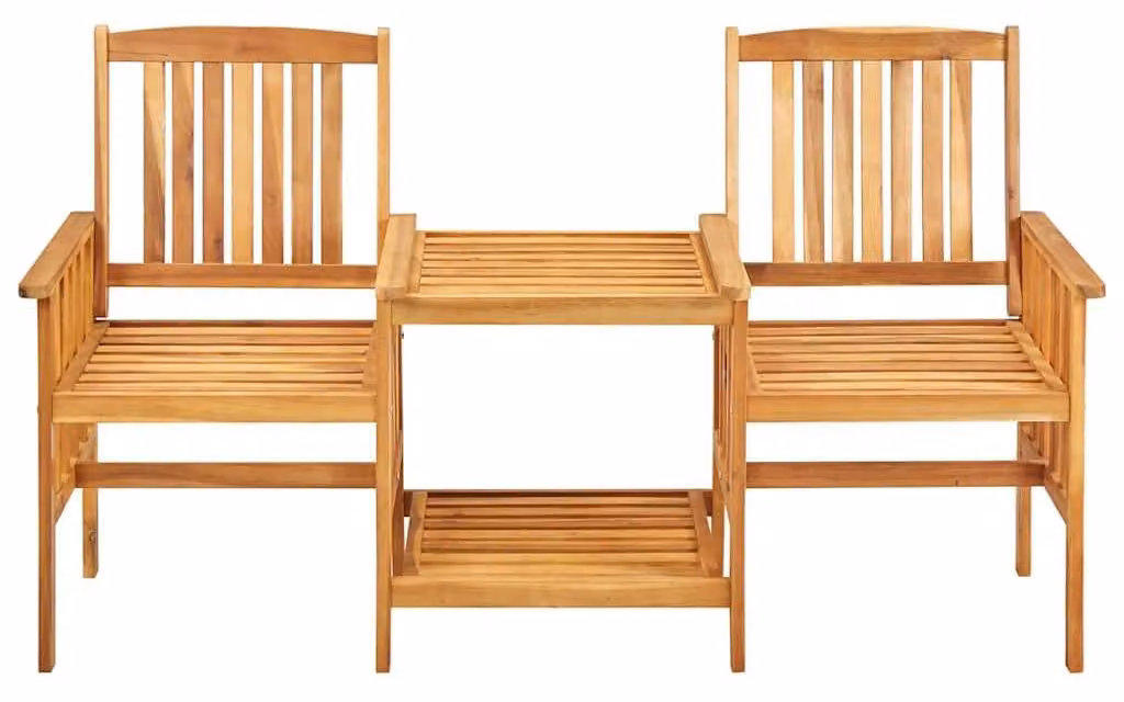 Set da bistrot in legno di acacia massello, color beige, composto da 2 sedie e un tavolo. Set da esterno per relax, ideale per terrazza, balcone o giardino