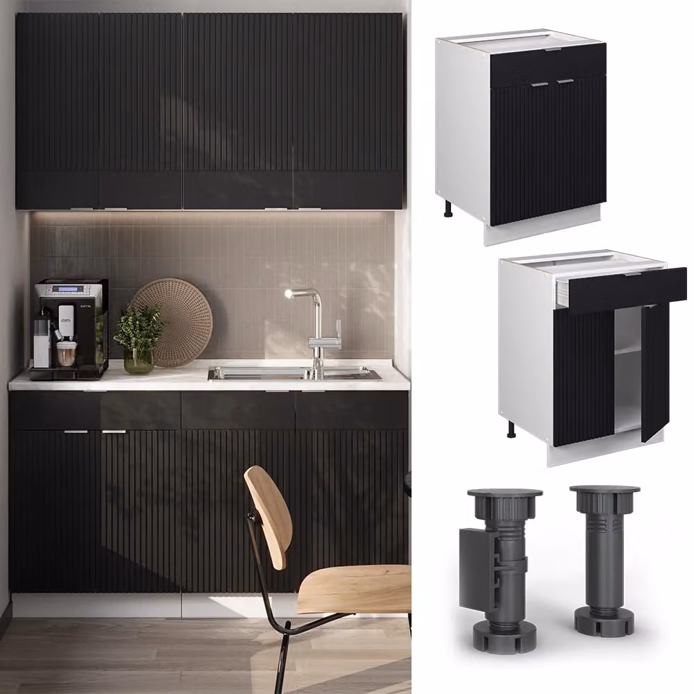 Mobiletto base per cucina Vicco Fame-Line Nero rigato e Bianco con cassetto, senza piano di lavoro, Larghezza: 60 cm – 2