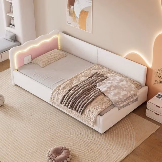 Divano letto singolo rosa 90x200 cm con illuminazione LED regolabile e rete a doghe; velluto