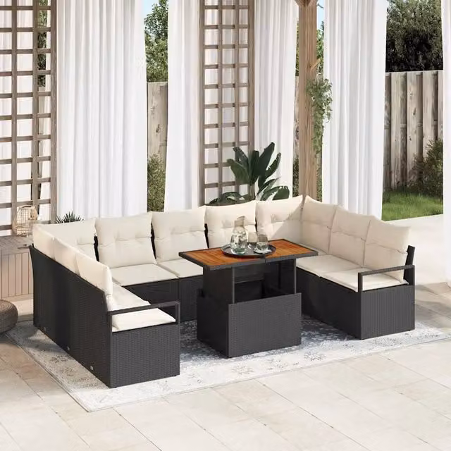 Set Divano da Giardino 10 pz 9-Numero di posti Nero e Crema 3349753