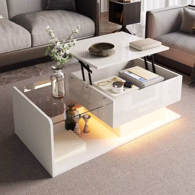 Tavolino da Salotto Alzabile OKWISH con Piano in Vetro Temperato e LED, Bianco, L 100 cm x P 50 cm x H 47.5 cm – 1