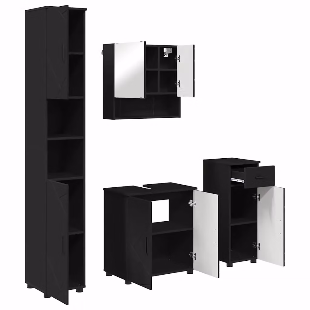 Set di mobili da bagno moderno vidaXL composto da 4 pezzi in legno e metallo, nero e marrone, con illuminazione LED, L/P/H: 61 x 35 x 64 cm – 2