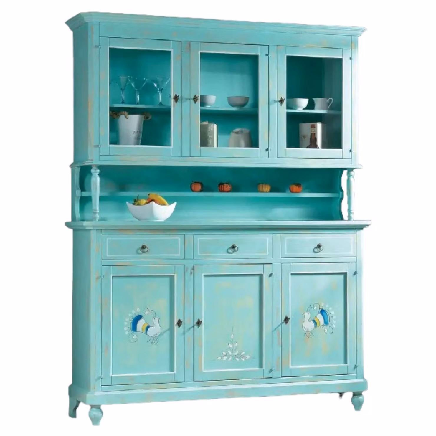 Cristalliera Shabby Chic Mobili 2G in Legno con Ante in Vetro e 3 Cassetti, Colore Verde Turchese, H 221 cm x L 100 cm x P 50 cm – 1
