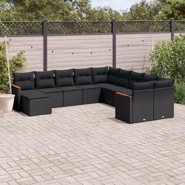 vidaXL Set Divani da Giardino 11 pz a Forma a U con Cuscini in Polyrattan e Acciaio Nero
