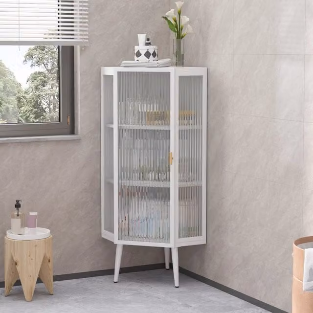 Armadio angolare 56x42.5x110 cm a 3 livelli in metallo e vetro temperato bianco