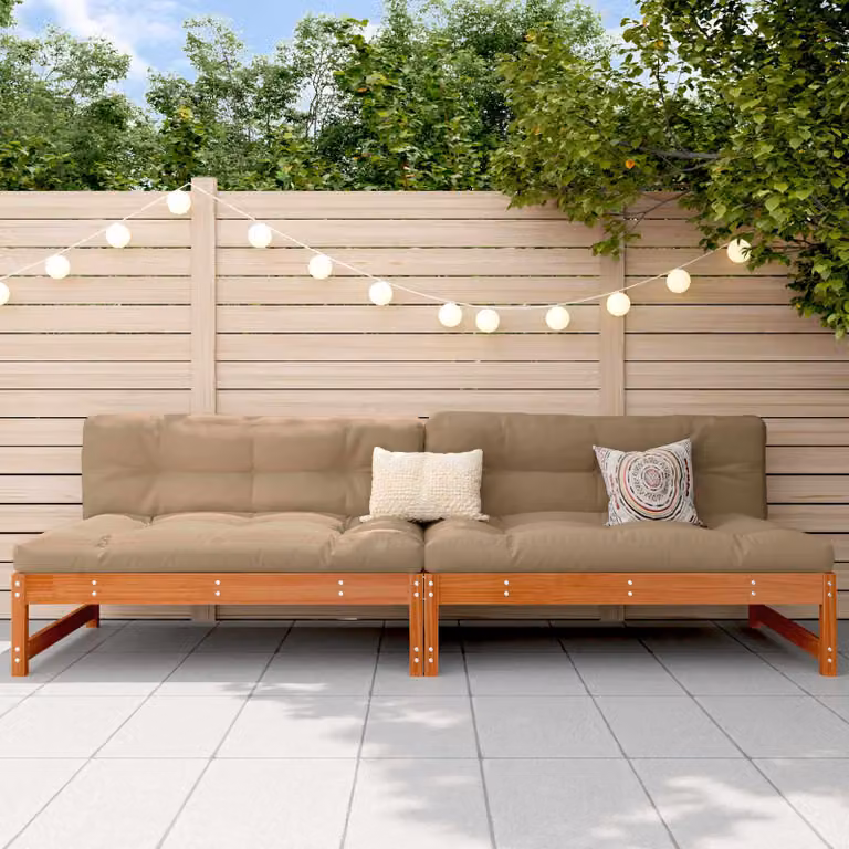 vidaXL Divano da Giardino Moderno in Legno di Pino Massiccio con Cuscini Marrone e Beige L: 240 cm, P: 70 cm, H: 84 cm