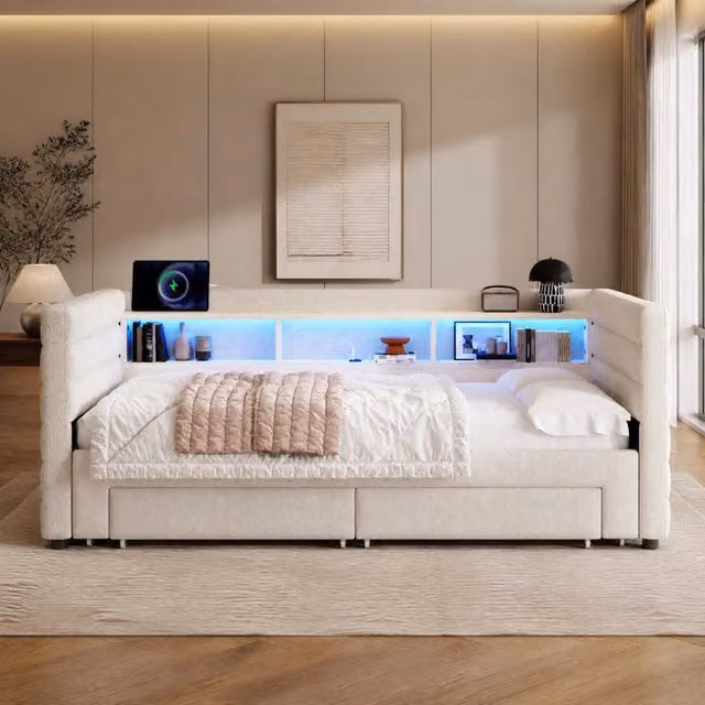 Divano letto estraibile 90 x 190 cm in velluto beige con LED, USB-C e cassetti
