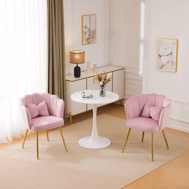 Sedie da pranzo, 2 pezzi in velluto rosa con schienale a petalo e gambe in metallo dorato, per soggiorno e sala da pranzo