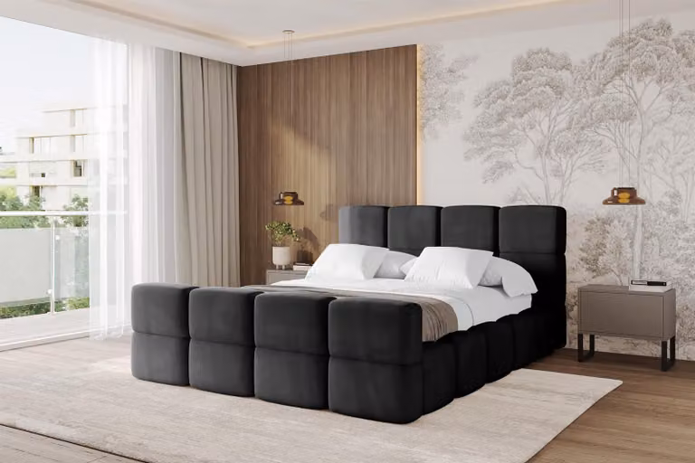 Letto imbottito ALTDECOR con contenitore - NATA-Z 180x200 Nero, letto con testiera, letto contenitore con materasso H3/H4, letto matrimoniale con contenitore