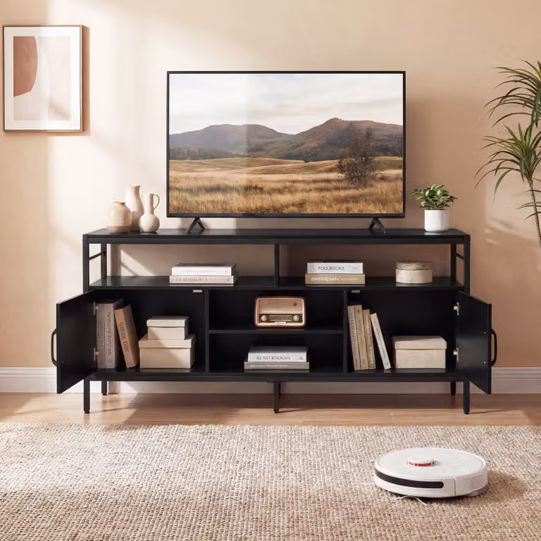 Mobile TV Costway in legno e metallo nero con 2 armadietti e 4 ripiani aperti per schermi fino a 65 pollici per il tuo soggiorno