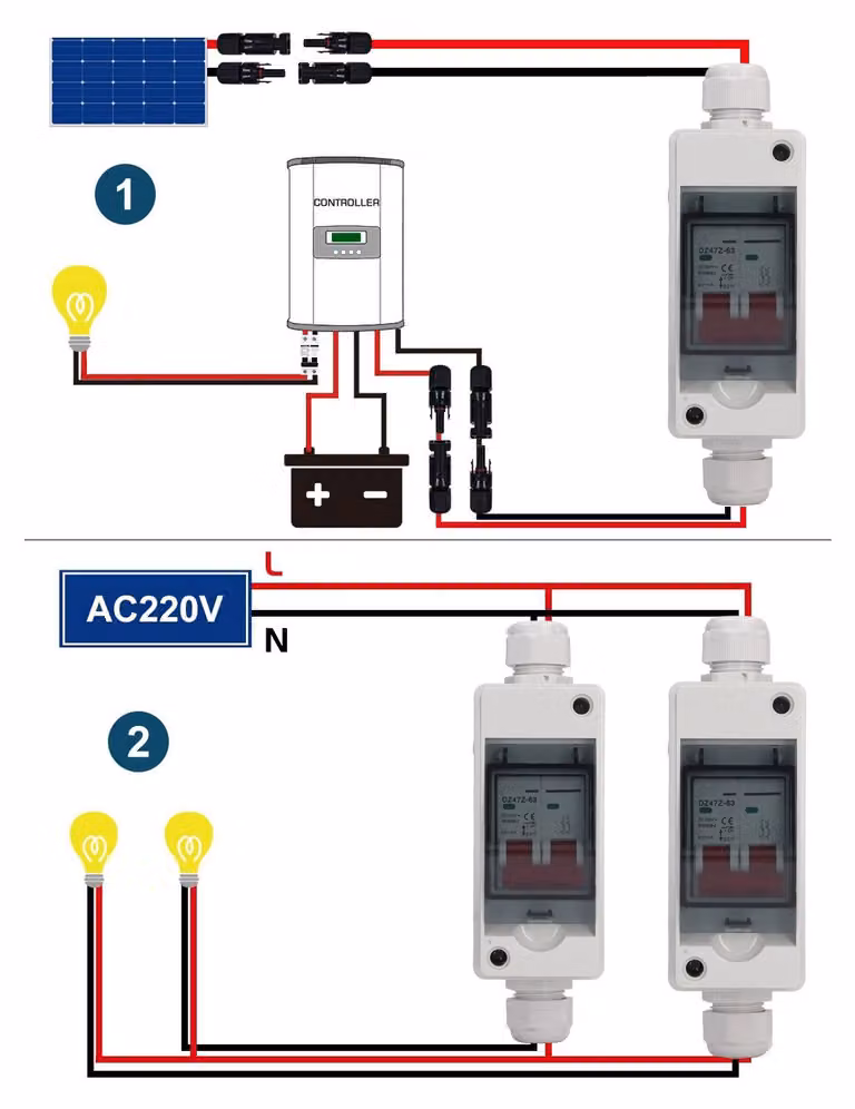Interruttore di sezionamento fotovoltaico, per impianti solari, circuito elettrico, isolatore, mini quadro elettrico, per veicoli da campeggio, DC500V, grado di protezione IP65, impermeabile, 63A