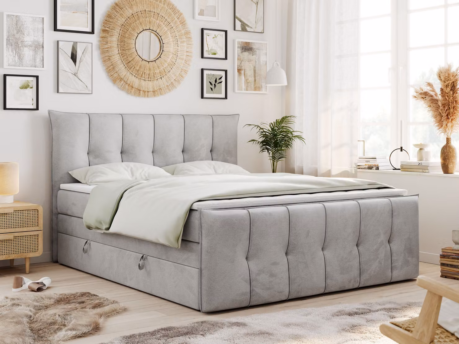 Letto boxspring King 160x200, Letto boxspring 160x200 con contenitore e materasso H3, letto imbottito 160x200 con materasso, letto 160x200 con contenitore, PREMIUM-11-KING - 160x200 - Grigio chiaro - Velvet - H3